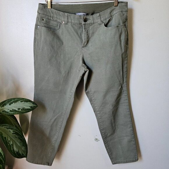 EUC CHRISTOPHER & BANKS SIGNATURE SLIMMING PETITE CAMO GREEN STRETCHY PANTS 12P - Picture 1 of 12